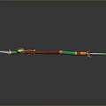Decorative Long Staff Weapon With Brown Handle Green Accents Blue Tip And Golden Details