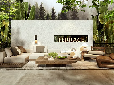 Outdoor Sofa In Natural Terrace With Lush Greenery And Furniture 3d model