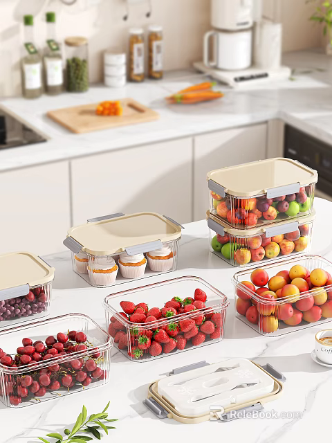 Fresh Assorted Fruits in Clear Plastic Storage Containers with Lids Stacked on Kitchen Counter 3d model 