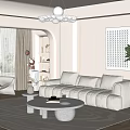 Modern Minimalist Living Room With White Sofa Round Coffee Table Large Plant And Decorative Painting 3d model