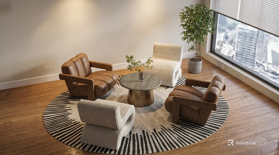 Modern Single Sofa Setup With Round Zebra Striped Rug Metal Coffee Table And Green Plant 3d model 