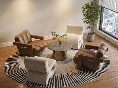 Modern Single Sofa Setup With Round Zebra Striped Rug Metal Coffee Table And Green Plant 3d model