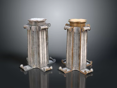Two Metal Decorative Pillars With Textured Surface And White Gold Tops On Black Smooth Surface 3d model