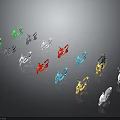 Display of Various Colored Motorcycle Models with Reflective Surfaces on Dark Background