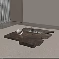 Wooden Coffee Table With Unique Design White Vase And Tray In Minimalist Interior
