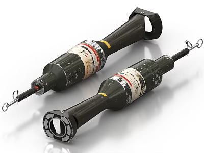 Black Cylindrical Weapon Components With Labels Yellow Markings And Metal Hooks 3d model