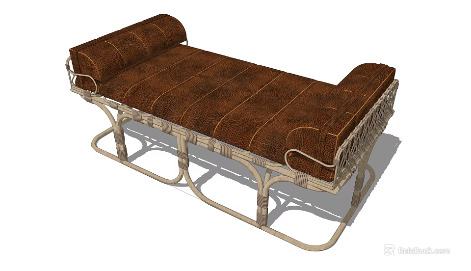 Elegant Brown Upholstered Ottoman With Metal Frame Woven Details Curved Legs And Classic Design 3d model 