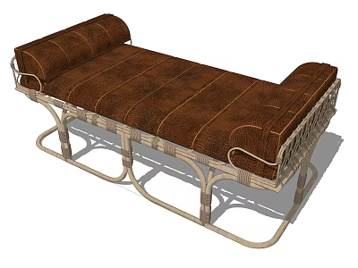 Elegant Brown Upholstered Ottoman With Metal Frame Woven Details Curved Legs And Classic Design 3d model