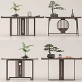 Chinese Traditional Console Table Design With Decorative Plants Vases And Tea Sets 3d model
