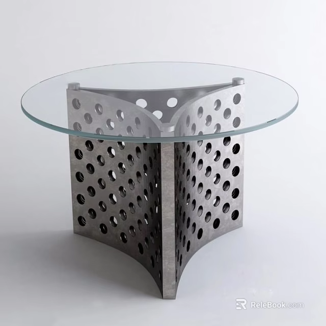 Stylish Modern Dining Table with Round Glass Top and Perforated Metal Base Design 3d model 