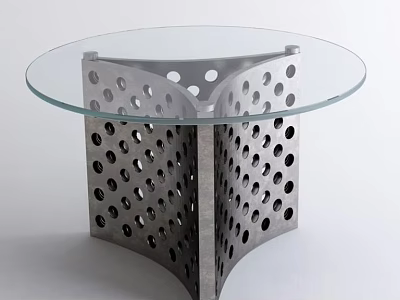 Stylish Modern Dining Table with Round Glass Top and Perforated Metal Base Design 3d model