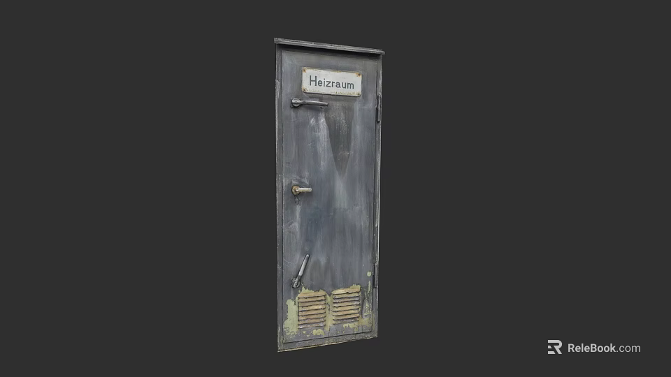 Old Worn Metal Toilette Door With Ventilation Grilles And Rusty Surface 3d model 