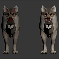 Two Gray Wolves With Red Markings Standing On Reflective Gray Surface