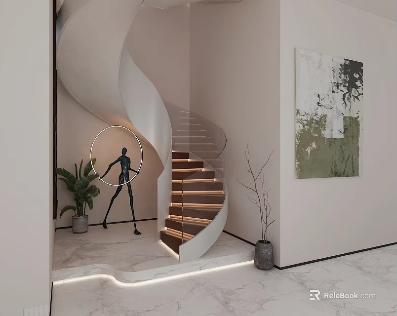 Modern Spiral Staircase With Wooden Steps Green Plant Wall Painting And Marble Floor 3d model 