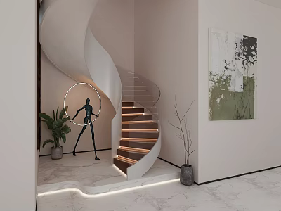 Modern Spiral Staircase With Wooden Steps Green Plant Wall Painting And Marble Floor 3d model