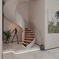 Modern Spiral Staircase With Wooden Steps Green Plant Wall Painting And Marble Floor