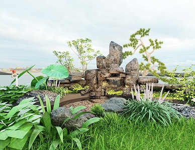 New Chinese-style rockery landscape rockery waterscape landscape modeling pine 3d model