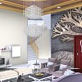 Luxury Hotel Reception With Marble Arch Golden Columns Crystal Chandelier Tree Decorative Wall And Sofa Seating