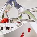 Artistic Interior Space Featuring Red Structures Spiral Staircase And White Wavy Decor 3d model