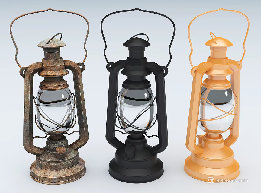 Three Vintage Candle Lanterns in Different Colors with Metal Frame and Glass Shade 3d model 