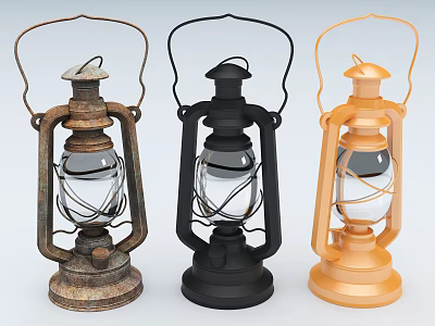 Three Vintage Candle Lanterns in Different Colors with Metal Frame and Glass Shade 3d model