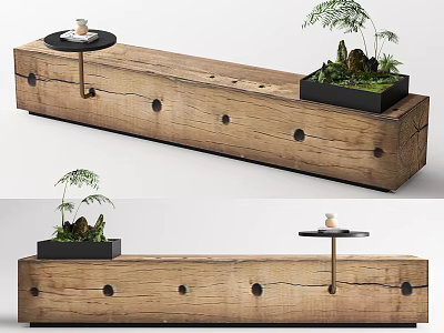 Outdoor Natural Wooden Log Landscape Seat With Hole Design Small Tray And Plant Pot 3d model
