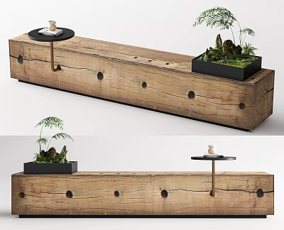 Outdoor Natural Wooden Log Landscape Seat With Hole Design Small Tray And Plant Pot 3d model