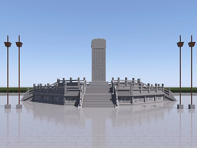 Stone Wood Monument With Stone Stele Wooden Railings And Lamp Posts On Stone Slab Ground 3d model