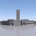 Stone Wood Monument With Stone Stele Wooden Railings And Lamp Posts On Stone Slab Ground