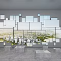 Contemporary Gallery Interior Featuring White Square Panel Arrangement With City View Through And Cube Platforms On Floor