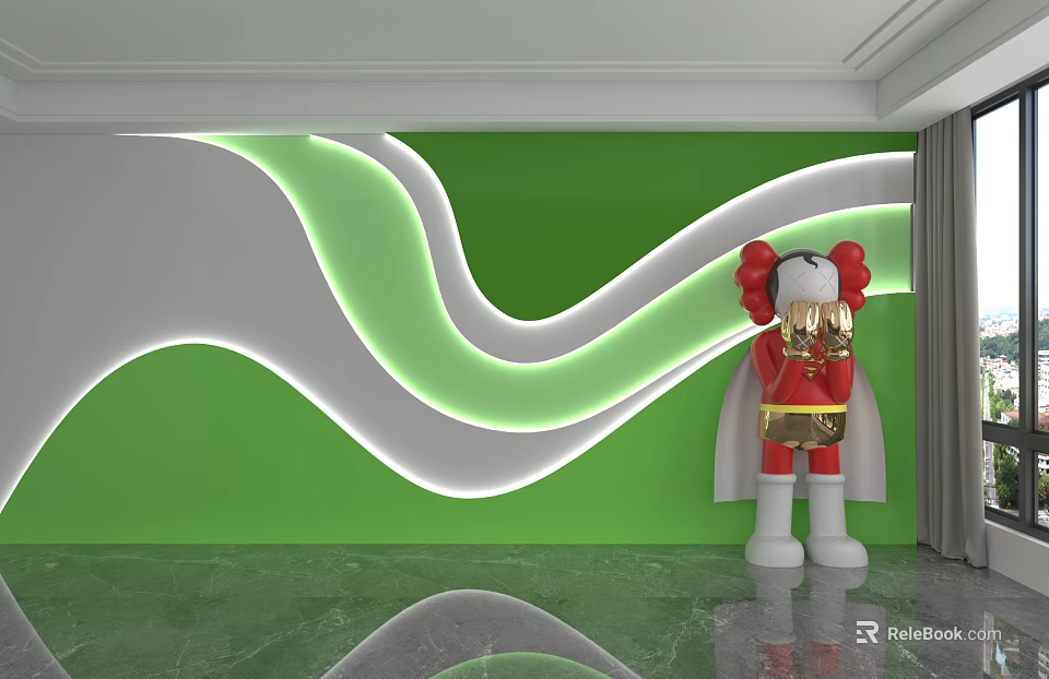 Green Background Wall Design With White Wavy LED Lights And Red White Cartoon Sculpture 3d model 