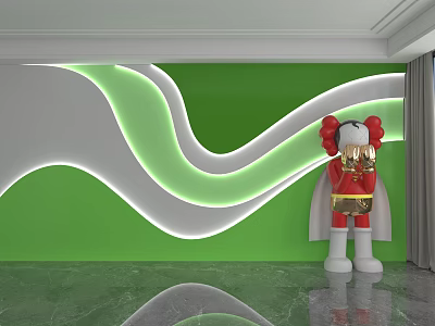 Green Background Wall Design With White Wavy LED Lights And Red White Cartoon Sculpture 3d model