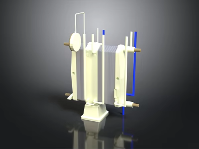 White Mechanical Structure With Blue Components And Cylindrical Support Rods 3d model