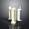 White Mechanical Structure With Blue Components And Cylindrical Support Rods