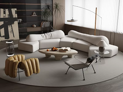 Modern Minimalist Living Room With Sectional Sofa Coffee Table Set Plants And Floor Lamp 3d model