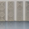 Light Colored Hinged Doors With Intricate Geometric Lattice Patterns And Reflective Floor 3d model