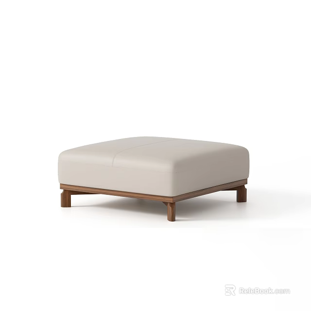Modern Minimalist Beige Leather Ottoman with Wooden Legs and Simple Design 3d model 