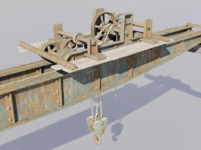 Heavy Duty Industrial Overhead Crane With Metal Structure Pulley System And Rusty Hook 3d model