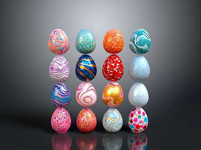 Colorful Easter Eggs Stacked Display With Various Patterns And Vibrant Hues 3d model
