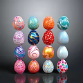 Colorful Easter Eggs Stacked Display With Various Patterns And Vibrant Hues