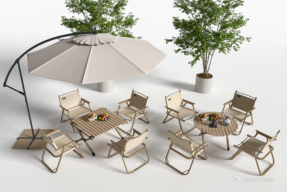 Outdoor Chairs With Umbrella And Wooden Tables For Garden Patio Setup 3d model 