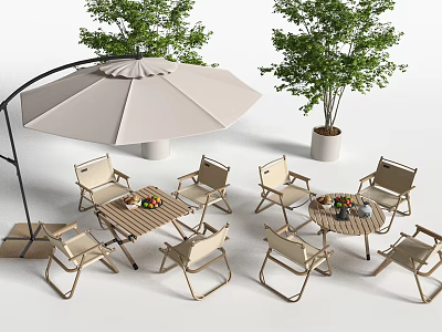 Outdoor Chairs With Umbrella And Wooden Tables For Garden Patio Setup 3d model