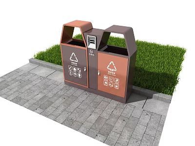 Public Recycling Facility With Brown And Orange Sorting Bins On Paved Ground Near Grass 3d model