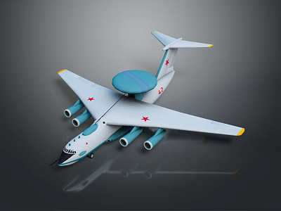 Light Blue And White Aircraft With Blue Radar Dome Red Star Emblems And Wing Engines 3d model