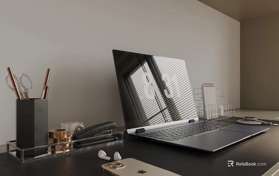 Modern Laptop Workspace with Pen Holder Earbuds Phone and Glass Holder 3d model 