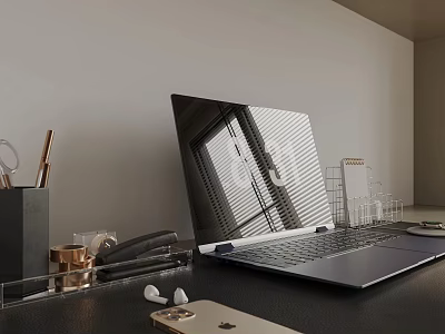 Modern Laptop Workspace with Pen Holder Earbuds Phone and Glass Holder 3d model