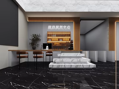 Modern Reception Desk Interior With Marble Steps Wooden Accents Display Shelves And Plants 3d model