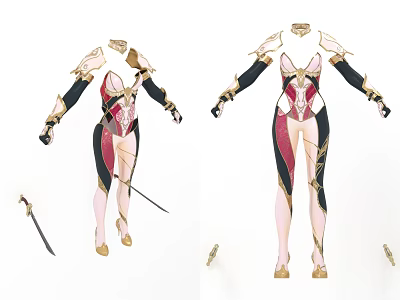 Elegant Fantasy Character Outfit With Red Black Gold Ornate Design And Shoulder Armor 3d model