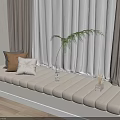 Cozy Bay Window with Beige Cushioned Seat Curtains Pillows and Green Plant