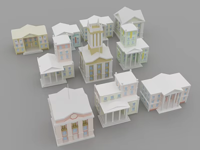 Cartoon Style Miniature Houses With Various Colorful Exteriors And Classical Column Designs 3d model